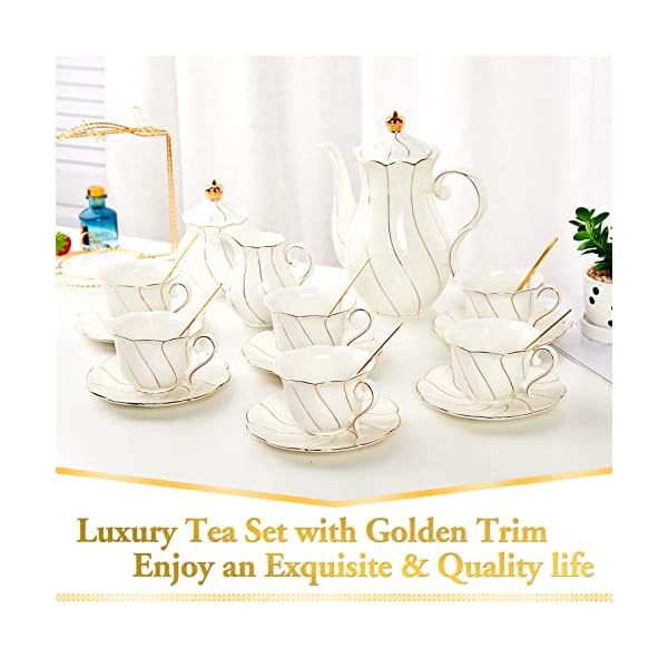 DUJUST 22 pcs White Porcelain Tea Set for 6, Luxury British Style Tea