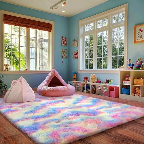 Rainbow Rug for Girls Bedroom, 5x7 Area Rug for Cute Girls Room, Bedside Indoor Floor Fluffy Shag Carpet, Plush Soft Rug for Living Room Nursery Dorm Home Decor