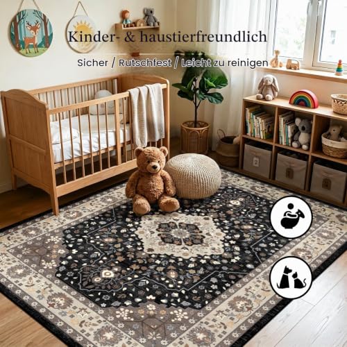 TUKDAK Vintage Teppich Wohnzimmer 120x180cm, Schwarz Weiß Waschbarer Teppich Schlafzimmer, Boho Kurzflor Esszimmer Teppiche… – Ansicht 4