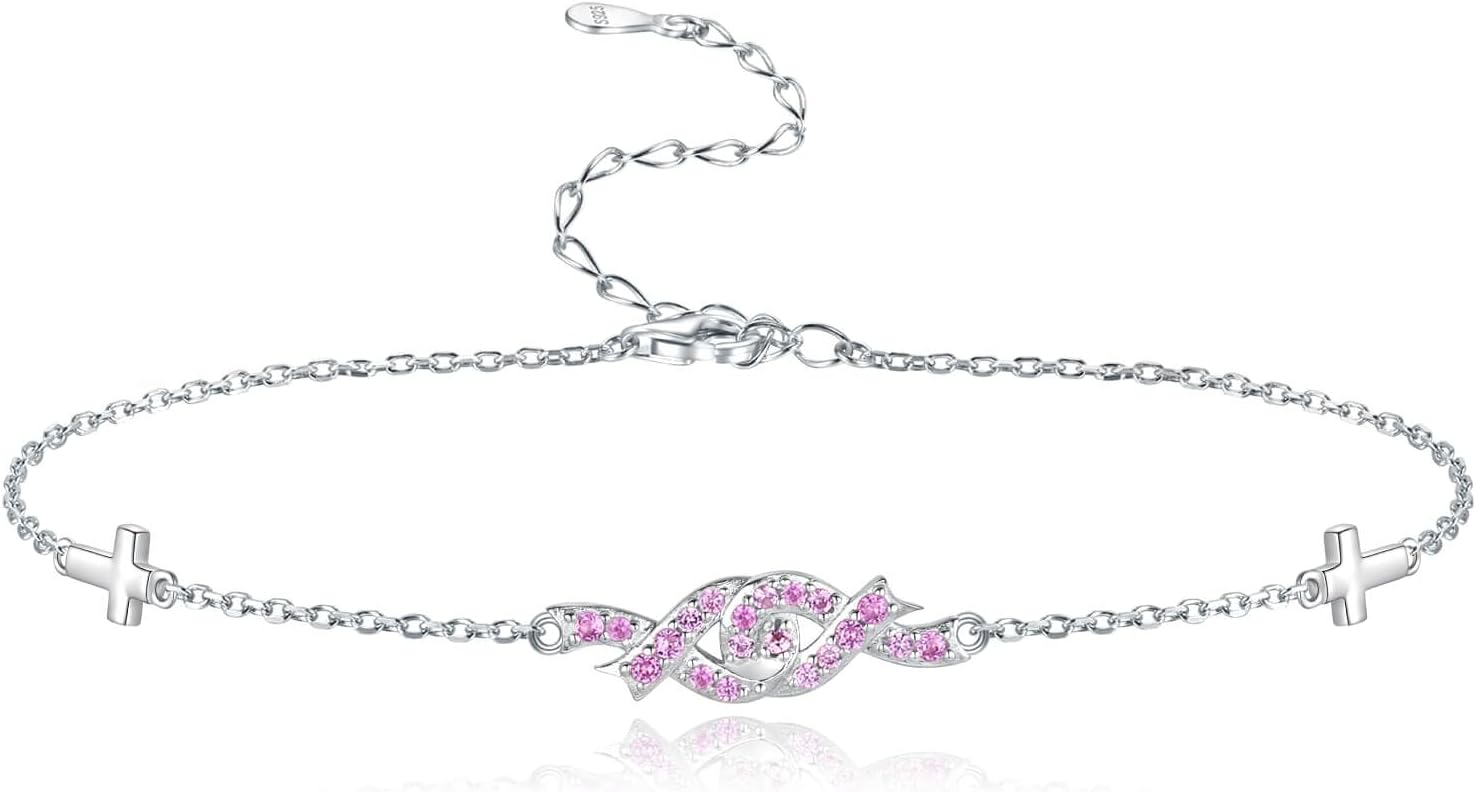 Breast Cancer Awareness Bracelet 925 Sterling Silver Pink Ribbon Anklet Survivor Jewelry Inspirational Gifts for Women Teens