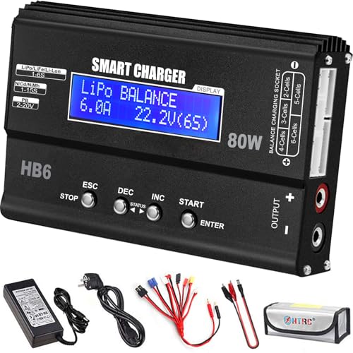 HTRC LiPo Ladegerät 80W 6A RC Akku Ladegerät Balancer für LiPo/Li-Ion/Life 1-6S NiMH/NiCd 1-15S PB 2-20V mit XT60/EC3/Deans(T-Stecker)/Tamiya/Tamiya Mini/JST/FUTABA/TRX LED-Display LiPo Safe Bag