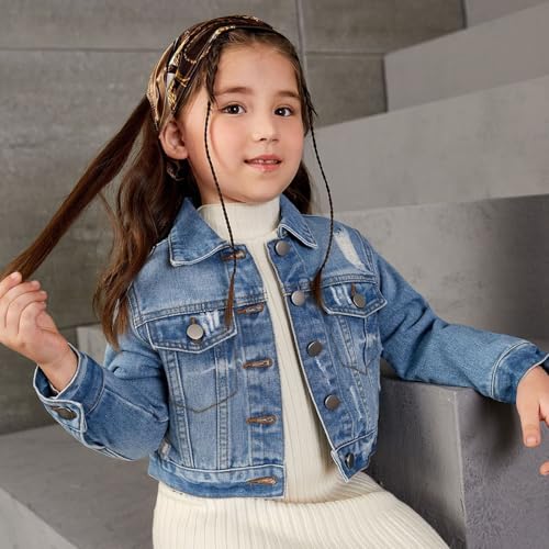 Moonker Teen Girls Crop Denim Jacket Solid Lapel Button Down Long Sleeve Outwear Windproof Casual Coat with2