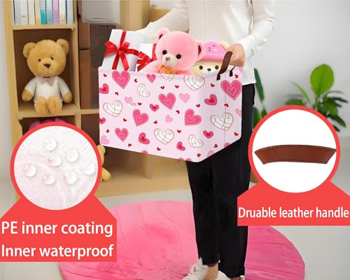 Image of Large Valentine's Day Basket Heart Shaped Storage Bin for Gifts Collapsible Organizer Room Decor (Pink Bottom Lines White Love)