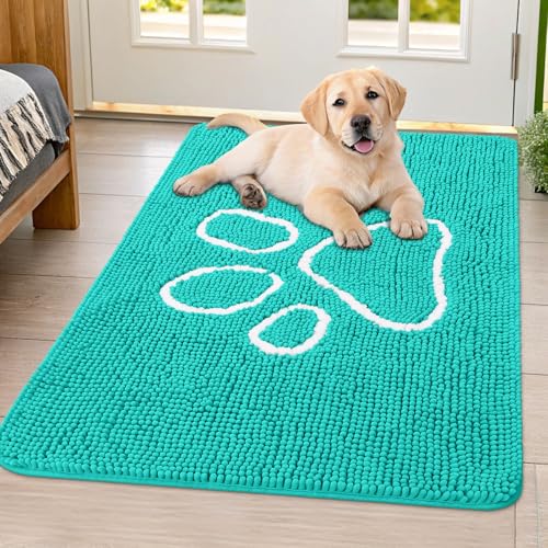 Image of Smiry Dog Door Mat for Muddy Paws, Absorbent Dirt Trapper Non Slip Quick Dry Washable Chenille Mat for Mud Dogs, Entry Rug for Indoor and Outdoor (40x32 Inches, Turquoise and White)