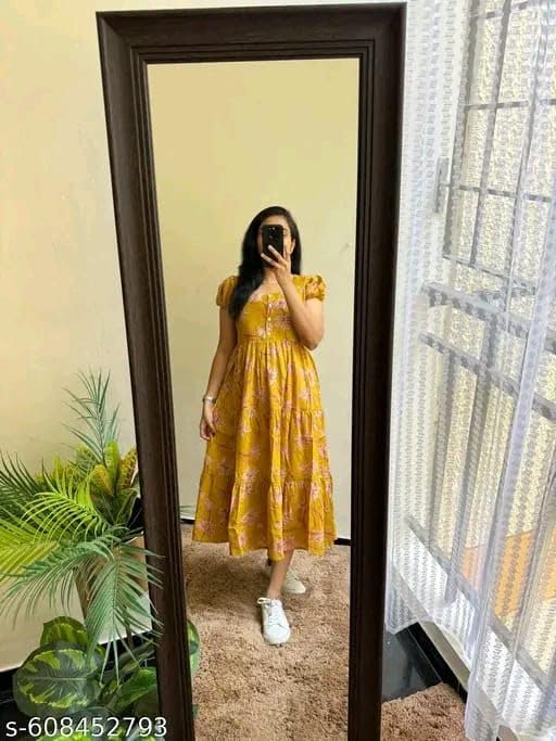 Image of Women's Rayon A-Line Midi Dress, Floral Print, Short Sleeves, Round Neck, Tiered Design