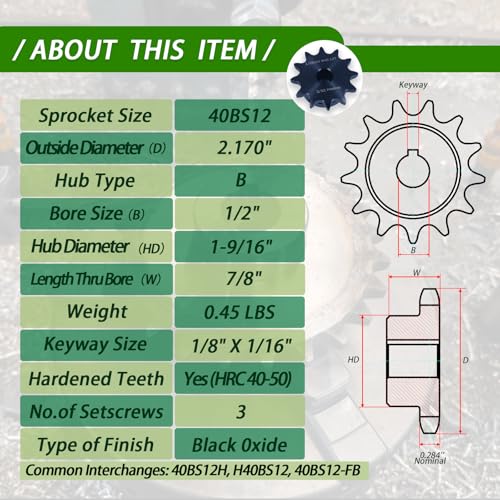 Image of #40 Roller Chain Sprocket 12 Tooth 1 /2 inch Bore (3 /16 inch Keyway) Black Oxide Rust-Proof with 3 Set Screws & Keyway for Mini Bike Go-Kart Clutch Performance Upgrade, Hardened 1045 Steel 40BS12-1 /2
