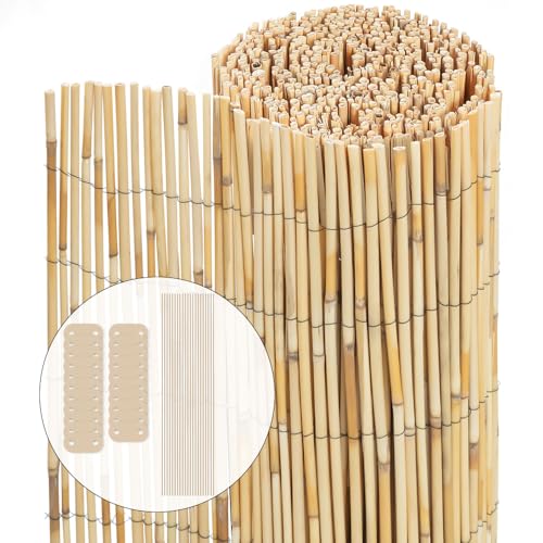 VOUNOT Pantalla de Valla Caña Natural Reforzada, Pantalla Privacidad Rollos de Vallas Decorativas con Herrajes Montaje, Estera Caña Protección Visual Al Aire Libre para Patio Balcón Jardín, 160x600 cm
