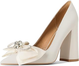 FSJ Women Cute Rhinestone Bow Pointed Toe Pumps Shining Crystal Bowtie Chunky Block High Heel Slip On Homecoming Party Dre...