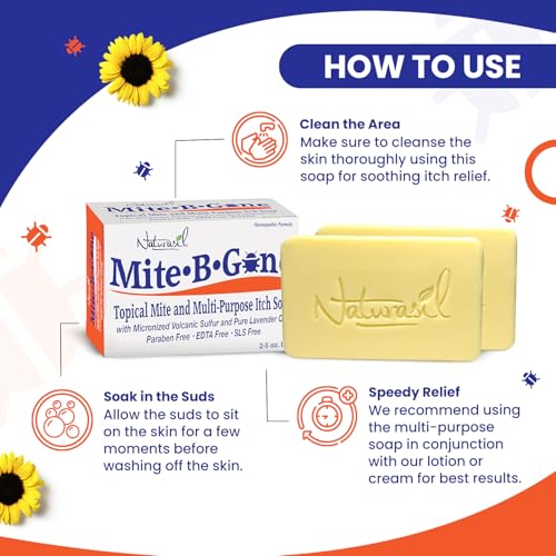 Image of Mite Treatment for Humans, Sulfur Soap by Mite-B-Gone - 2 Pack, 5 oz Bars | Mite Bites, Itching, Redness & Irritation | 10% Sulfur, Tea Tree Oil & Thuja | Face & Full-Body Care for Adults & Children