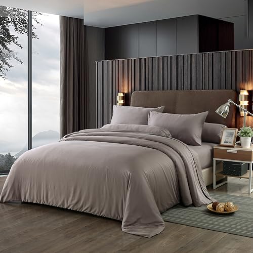 THE MYSTIC LOOM 4 PCS 100% Organic Bamboo Bedding Set - Duvet Cover 17 Fitted Sheet & Pillowcases | 400 TC Bamboo Fabric Luxury Hotel Quality | Super Soft & Breathable (Chocolate Grey King)