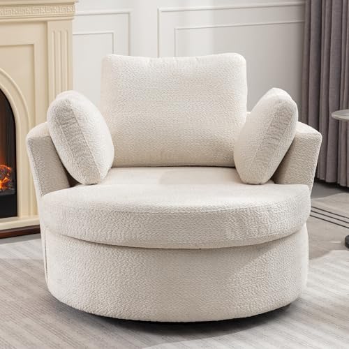 SULOPS 42IN Oversized Swivel Accent Chair and a Half Sofa Upholstered Big Round Barrel Chair Cute for Living Room Bedroom Hotel Office Corner Reading (Beige Boucle)