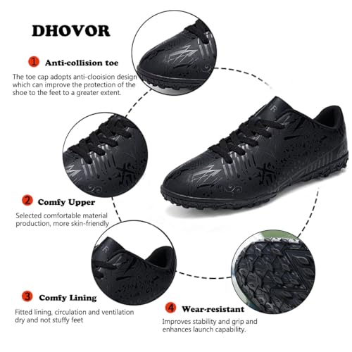 DHOVOR Men's Football Boots - Astro Turf, Low-Top, Athletic, Black, Size 8.5 UK
