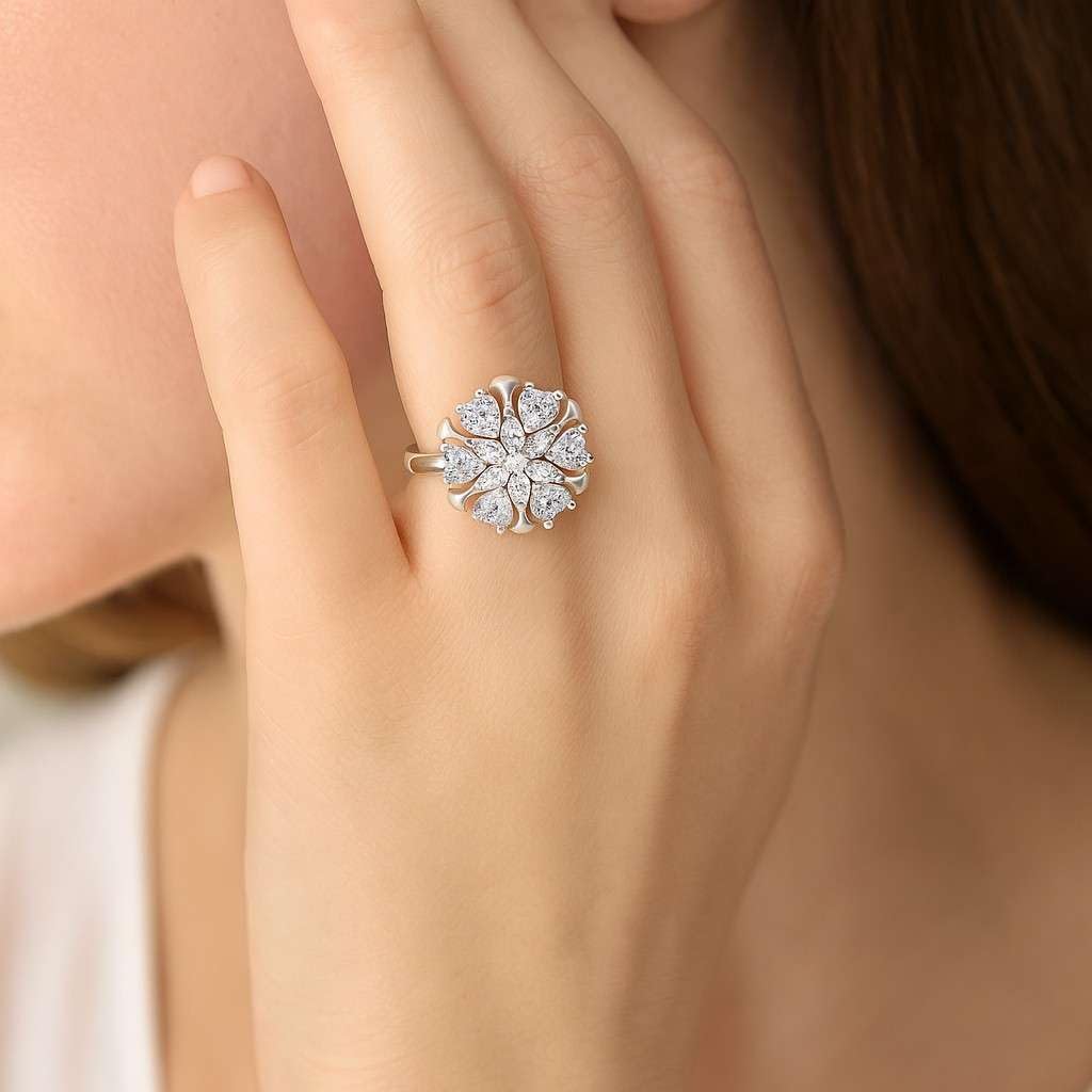 Lab Grown Diamond Floral Cluster Ring with Diamond Center – Heart-Shaped Gemstone Flower Design in 14K Solid Gold or 925 Sterling Silver | Women’s April Birthstone Jewelry