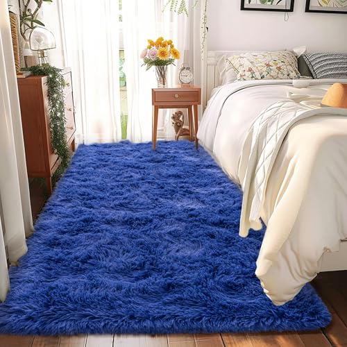 2x6 Fluffy Area Rug - Soft Shag Fuzzy Rug for Bedroom - Non Slip Runner Living Room Girls Rug Home Decor Navy