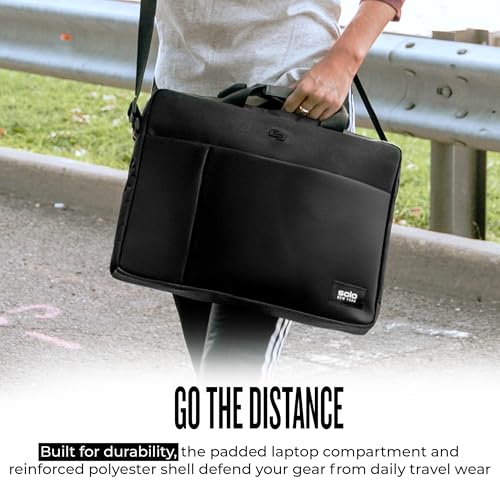 Image of Solo New York Briefcase - Laptop Carrying Bag for Women & Men, Brief for Travel & Work, Internal Tablet Pocket, Adjustable Shoulder Strap, Fits 15.6 inch Computer - Lead Slim, Black