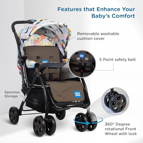 Image of Mee Mee Cozy Cruise Baby Stroller /Pram (Grey Black) | Premium Foldable Pram with 5-Point Harness, One-Hand Fold, Multi-Recline Cushioned Seat, Adjustable Canopy & 360 Wheels | 0-3 Yrs