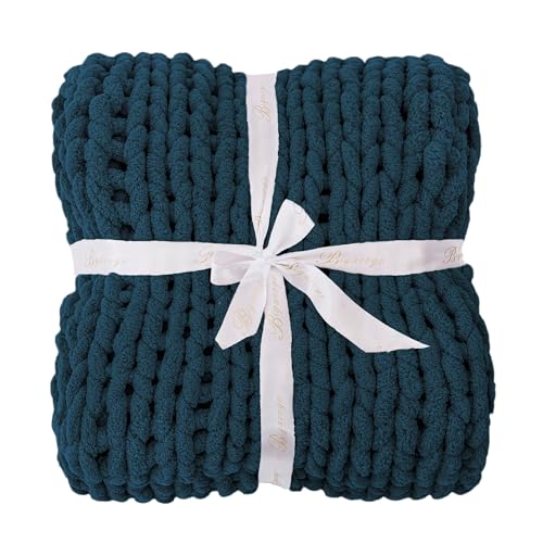 Bigacogo Chunky Knit Throw Blanket for Couch, 51x63 inches, 100% Hand Knitted with Thick Jumbo Chenille Yarn, Cozy Soft Large Rope Knot Cable Crochet Blankets for Sofa Bed Living Room, Deep Sea Blue