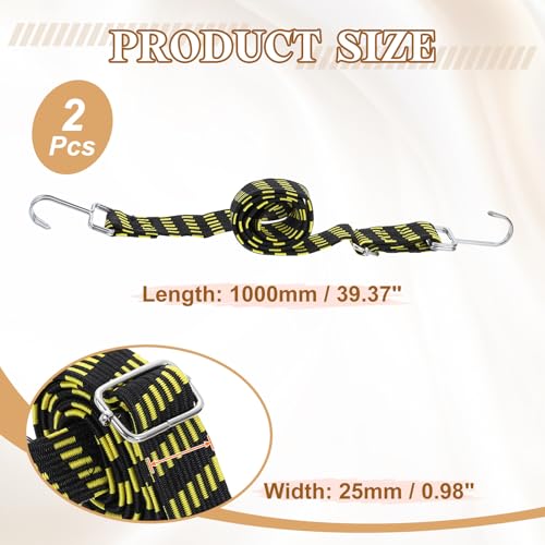 Image of uxcell 2Pcs Adjustable Bungee Cords with Hooks, 39 Inch Flat Heavy Duty Elasticity Straps Rubber Bungee Cords with Buckle for Outdoor, Camping, Tarp, Bike Rack, Luggage, Black Yellow