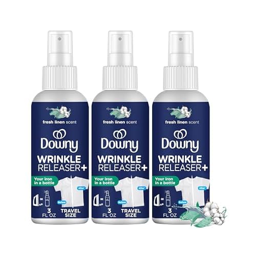 Downy Wrinkle Release Spray, Travel Size Spray, All In One Formula, Removes Wrinkles, Static and Odor Eliminator, Crisp Linen Scent, 3 Fl Oz, Pack of 3