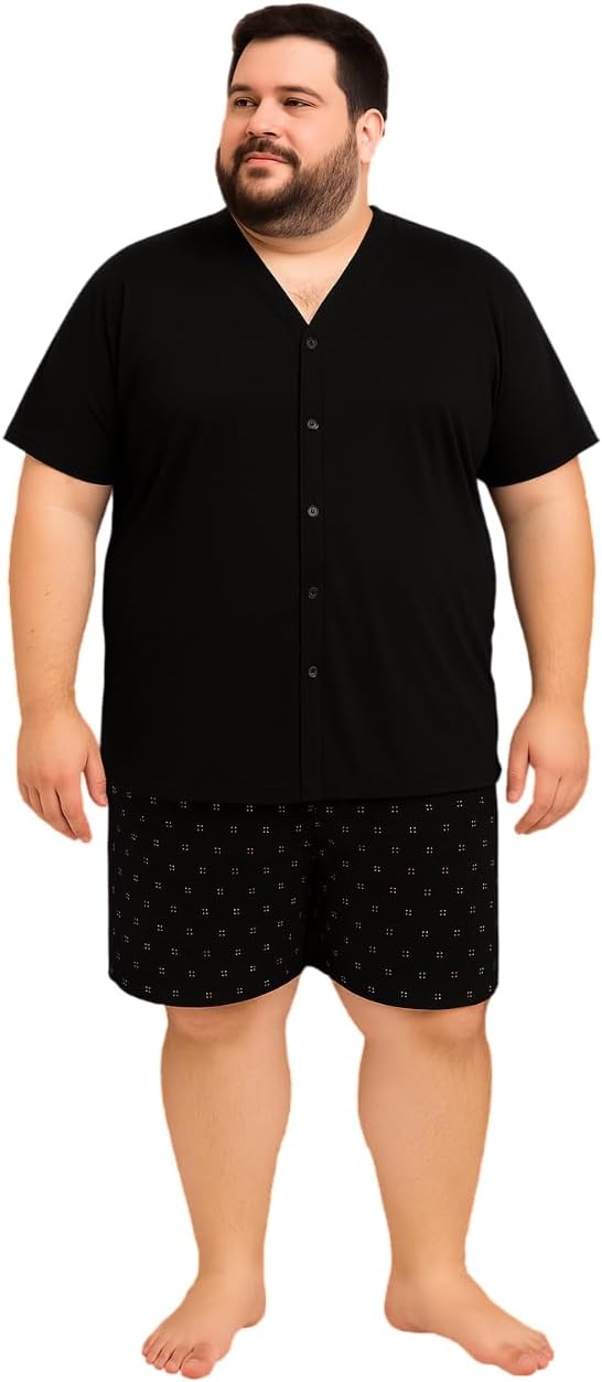 Pijama Masculino Adulto Plus Size Botão Tamanho Grande G1 G2 G3 Manga Curta Gola V