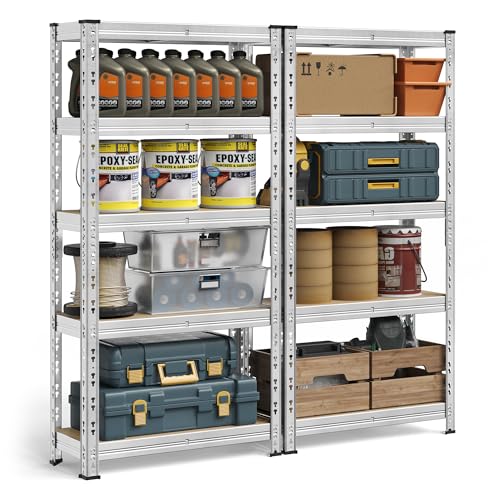 SONGMICS Set di 2 Scaffali per Carichi Pesanti, Portaoggetti da Cantina, 30 x 75 x 150 cm, Portata fino a 875 kg, Montaggio Facile, Scaffalatura da Magazzino, Ripiani Regolabili, Argento GLR451E01