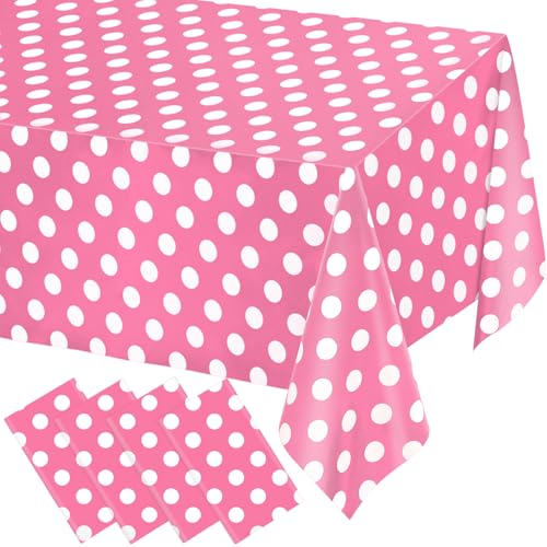 Image of WNINK 4 Pack Pink and White Polka Dot Tablecloths - Pink Disposable Plastic Waterproof Table Cover, 54 inch x 108 inch, for Birthday, Wedding, Bridal Shower, Bachelor, Pink Girl Party, and Picnic