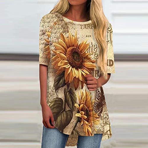 STKOOBQ Camiseta regata feminina, girassol, linda estampa de verão, gola redonda, manga curta, túnic