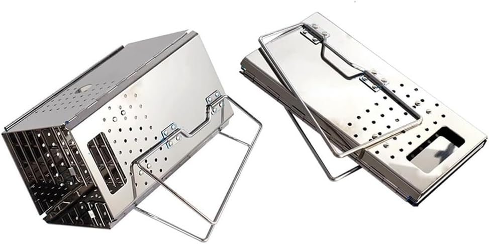 Collapsible Stainless Steel Charcoal Grill, Chimney Starter, Portable BBQ Folding Charcoal Grill For Grilling Outdoor Cooking Accessories, 15.5*15*29cm, Silver, XSCQ01