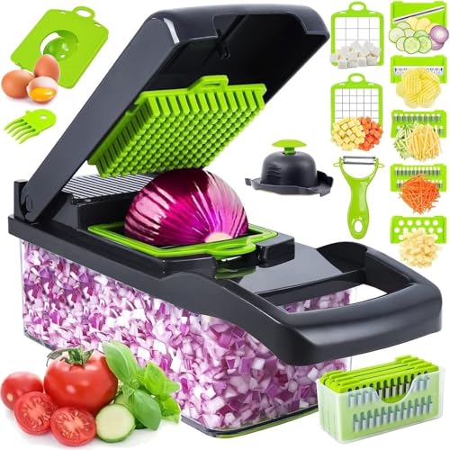 16-in-1 Vegetable Chopper - Multi-Functional Kitchen Food Processor with 8 Blades for Slicing, Dicing, Julienne & Grating, Includes Container & Cleaning Brush, Perfect for Fruits, Vegetables, Salad &