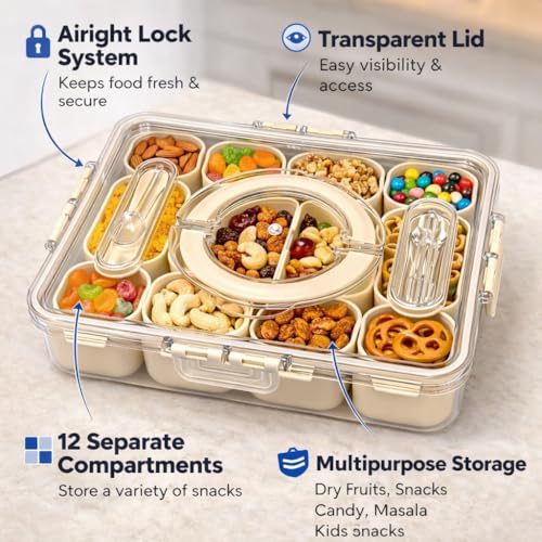 Image of Vasukie Divided Fridge Storage Boxes With 4 Serving Veggie Tray with Lid and Handle, Fridge Organizer with Removable 4 Compartment, Fridge Storage Containers (12 Compartment-1PC)