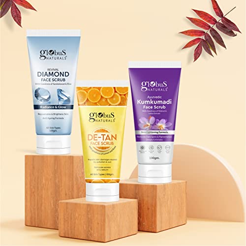 Image of Globus Naturals Ayurvedic Kumkumadi Skin Lightening Face Scrub, Enriched with Walnut & Lotus Extract, Chemical Free, Cruelty Free, Suitable For All Skin Types, 100 ml, Pack Of 2