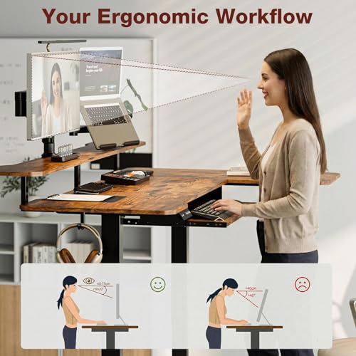 Image of Acrolix 59 inch L Shaped Standing Desk with Shelves Keyboard Tray,Rustic Brown
