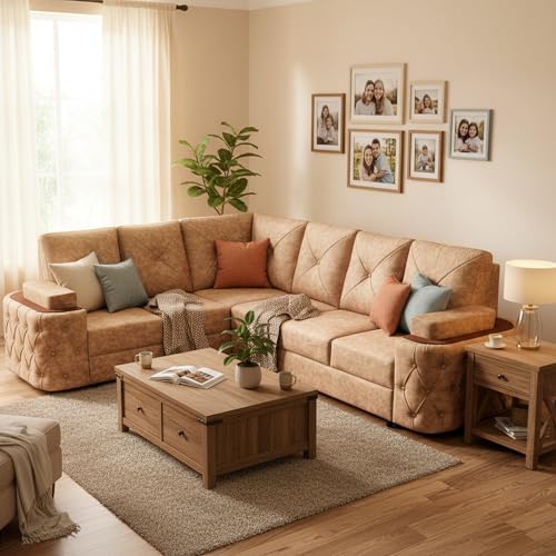 Image of APRODZ Solid Wood L Shaped Sofa for Living Room Modern Corner Sectional 6 Seater Comfortable Couch with Durable Frame & Premium Upholstery 6 Seater for Home, Apartment & Lounge (Beige)