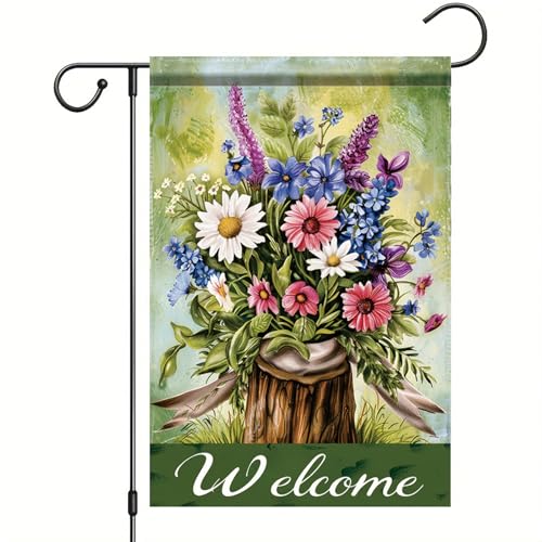 Saoplasa Spring Summer Garden Flag 12x18 Inch Welcome Wildflower Bouquet Tree Stump Floral Art Design Outdoor Yard Porch Lawn Garden for Seasonal Farmhouse Cottage Home Decor