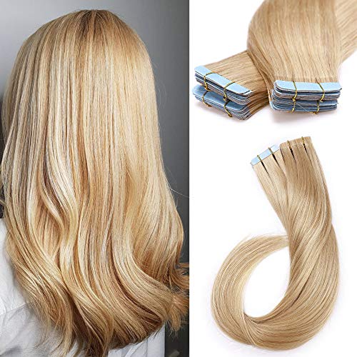 S-noilite Tape in Hair Extensions Blonde 16 Inch 60g 20pcs 100% Remy Human Hair Honey Blonde Double Sided Rooted Seamless Skin Weft Tape on Natural Hair Extension Natural Blonde #24