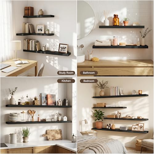 Image of Acovy 40in Long Floating Shelves for Wall Set of 2, Wood Wall Shelves for Bathroom Bedroom Kitchen Living Room Laundry Room, Modern Floating Shelf for Home Decor
