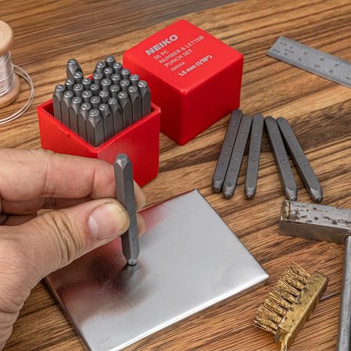 Image of NEIKO 02629A Number and Letter Punch Set with Heat-Treated Steel Punches, Imprinting & Arts and Crafts, 1 /16 inch (1.5MM) Shaft, 36 Pc Stamp Set, Uppercase Letter & Number Punch Set (A-Z / 0-8 / inch& inch)