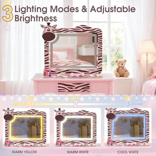 Image of Princess Vanity Table with Lights,Princess Makeup Vanity Desk with Storage Drawer, 2 in 1 Vanity Table & Chair Set with Mirror for Girls (Zebra)