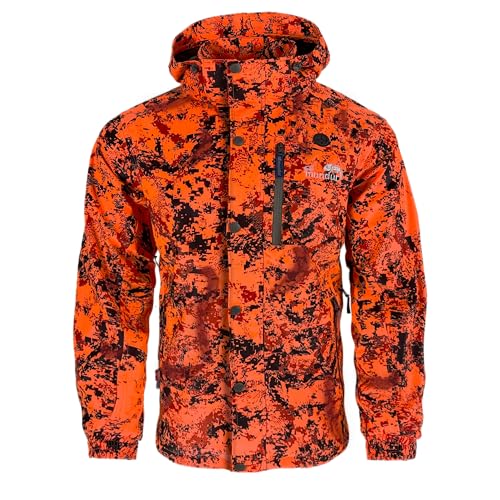 Full mundur Outdoorjacke, Orange Camo Jagdjacke, Wanderjacke, leichte Übergangsjacke, winddichte Jacke, wasserdichte Regenjacke, atmungsaktive Funktionsjacke mit abnehmbarer Kapuze für Herren