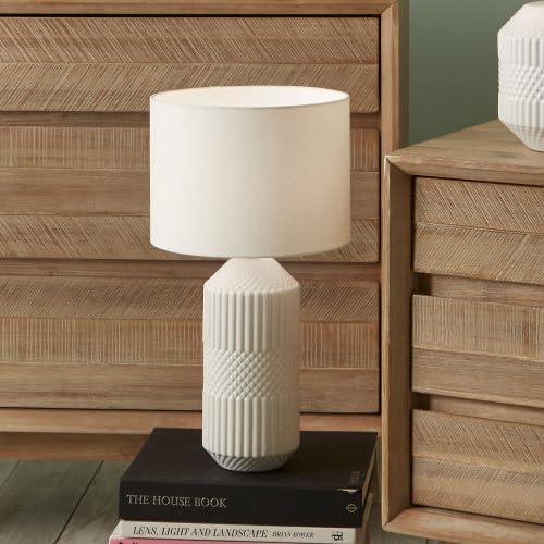 Pacific Lifestyle Geometric Textured Tall Ceramic Table Lamp for Living Room - Modern Scandi Neutral Geo Embossed with White Drum Shade