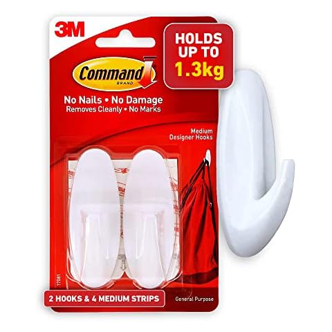 Command Medium Designer Hook, Pack of 2 Hooks and 4 Adhesive Strips, White - Damage Free Hanging - Holds up to 1.3kg Cover
