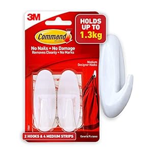 Command Medium Designer Hook, Pack of 2 Hooks and 4 Adhesive Strips, White – Damage Free Hanging – Holds up to 1.3kg
