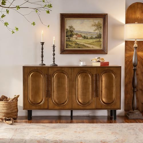 Image of 60 inch Large Storage Cabinet with Doors - Sideboard Cabinet & Credenza Storage Cabinet, Mid Century Modern Buffet Cabinet, Solid Wood Frame Storage Cabinet for Entryway & Dining Room