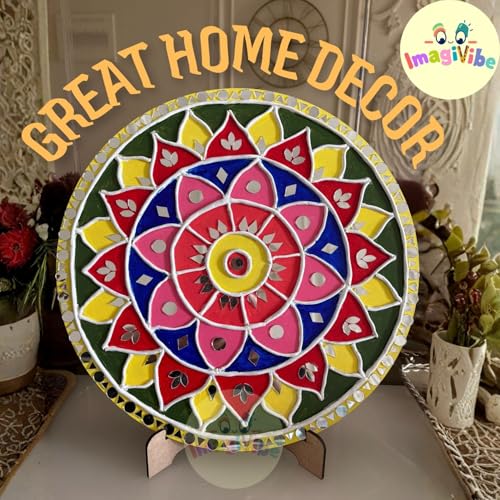 Image of ImagiVibe DIY Lippan Art Kit for Kids and Adults | 2 Pre-Marked 12 Inch MDF Boards with Stand | Indian Folk Art Craft Kit with Clay Mirrors and 6 Non-Toxic Acrylic Paint Colors | Wall Decor DIY Gift Kit (12inch Acrylic Colors)