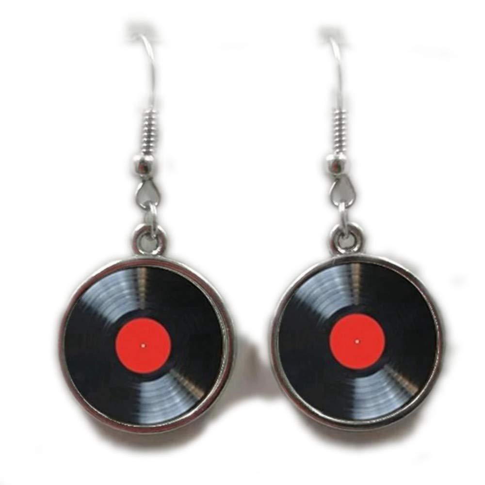 Red Vinyl Record Earring Earrings Long Player DJ Vintage 80's Hair Music Metal Shred Passion Love Dangle Thrash Goth Punk Style Emo Phonograph Album (