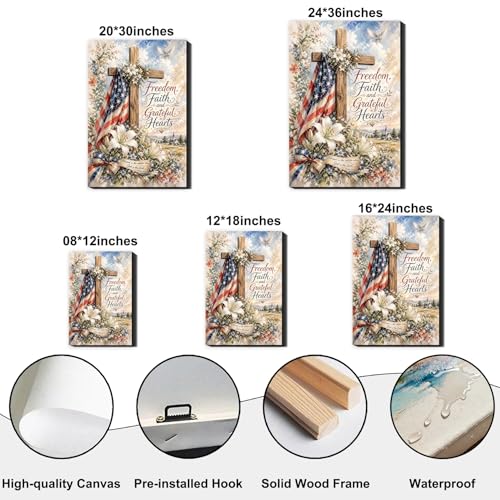 Image of RIBNTAK 4th of July Wall Art Canvas Prints Pictures Patriotic Christian Artwork American Flag Cross Decor Faith Freedom Religious Canvas Art for Living Room Bedroom Office Farmhouse Home Decorations