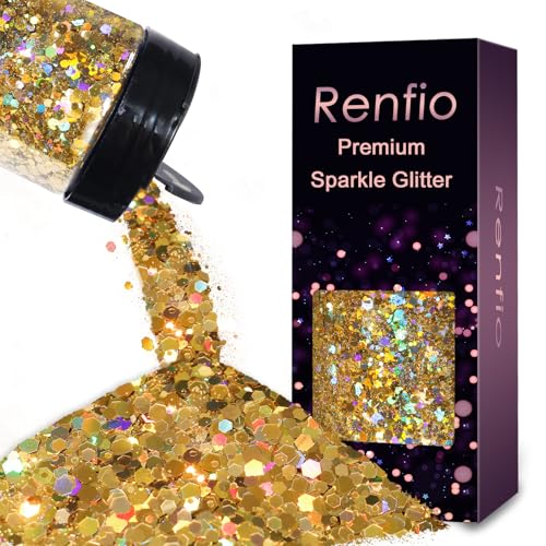 Renfio Holographic Glitter 9.7oz/275g Laser Gold Chunky Glitter for Snowglobe Tumbler Gold PET Flake Mixed Fine Powder for Snowglobe Tumbler Craft Epoxy Resin Festival Decor Nail Slime