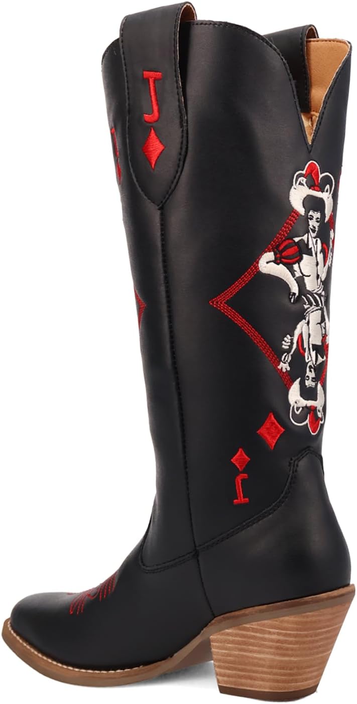 Dingo Womens Jack Of Diamonds Graphic Embroidered Square Toe Pull On Casual Boots Knee High Low Heel 1-2" - Black