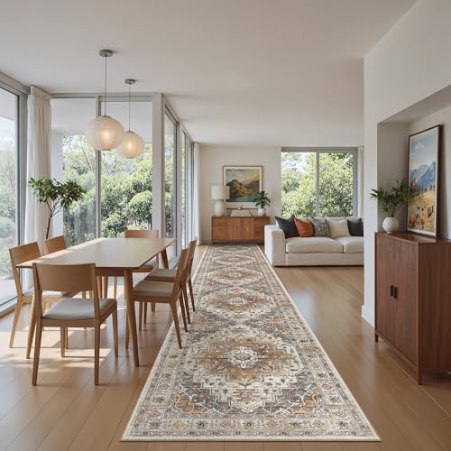 Madane Hallway Runner Rug 2'6''x16' Kitchen Runner - Non Slip Vintage Runners for Hallways Washable Soft Low Pile 2.5x16 ft Rug Runner for Laundry Room, Entryway and Bedroom, Turmeric/Grey