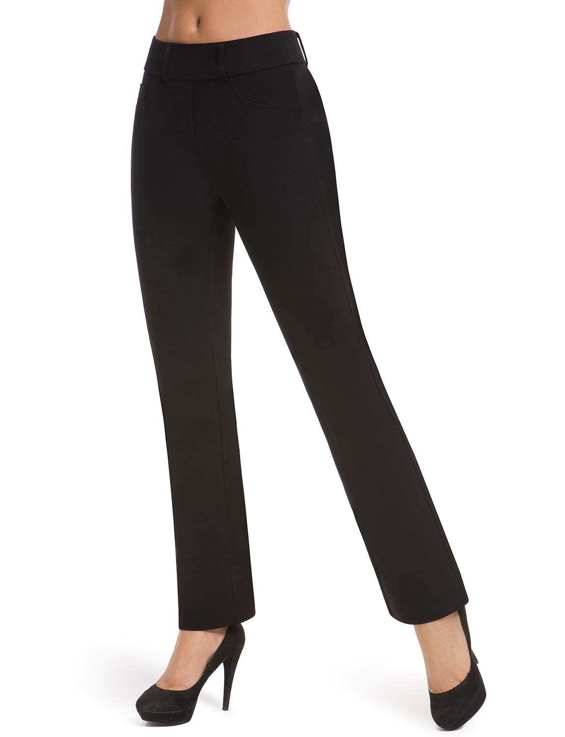 Bamans - Pantaloni lunghi stretch da donna, eleganti,a vita alta, casual, per il tempo libero e l’ufficio, colore nero, Nero , L